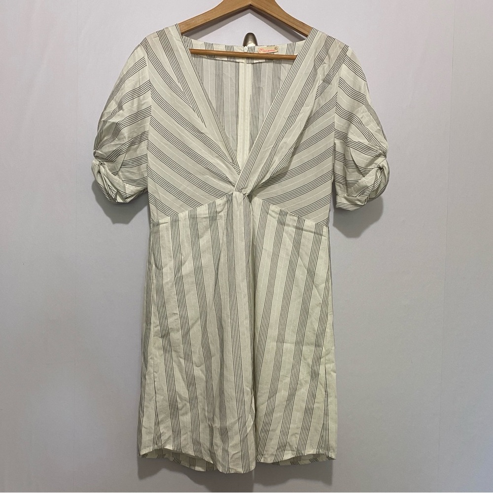 Maronie Striped Puff Sleeve Mini Dress Ivory Black Linen Blend Size Large